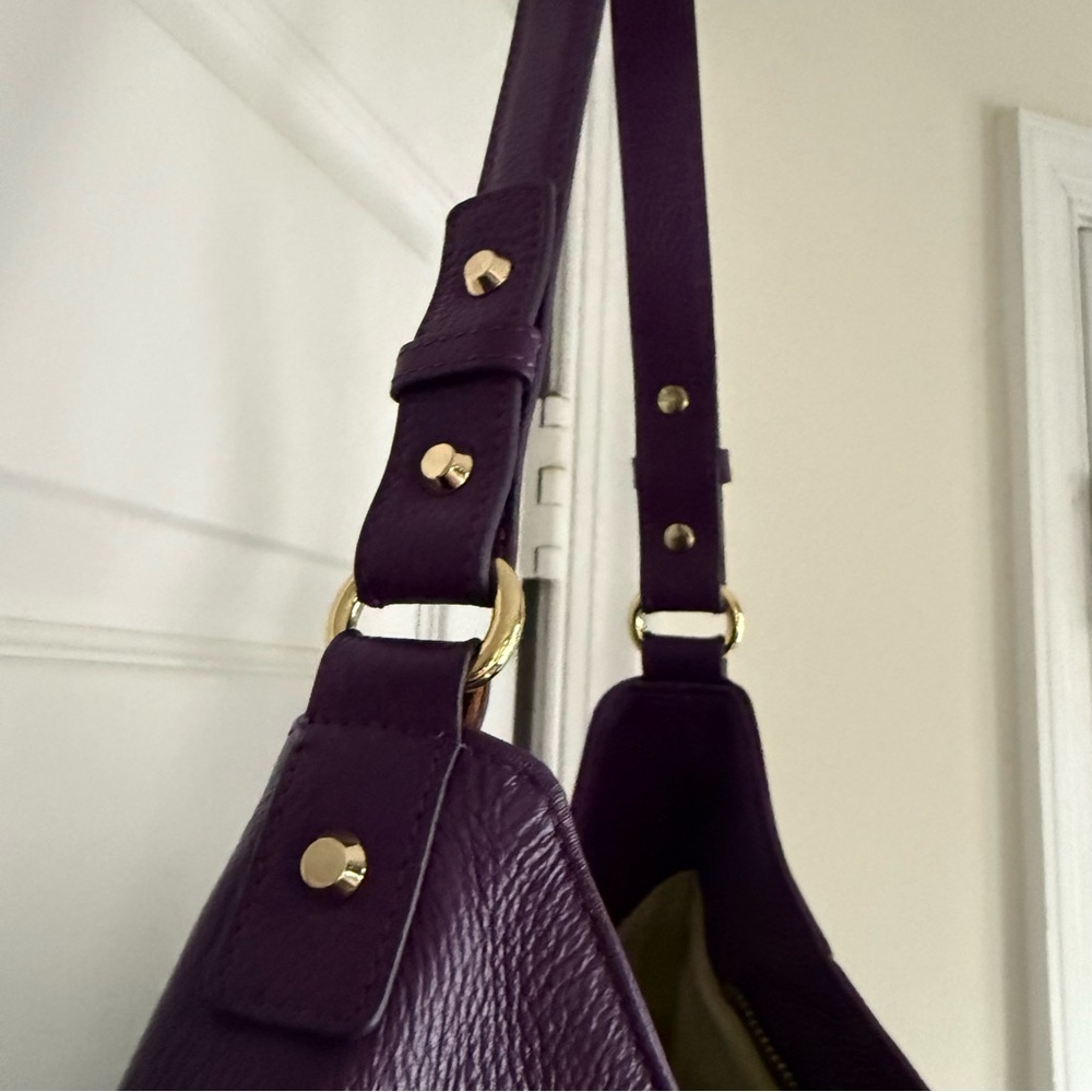 Ora Delphine Purple Pebbled Genuine Leather Two Zipper Purse Gold Hardware - Picture 8 of 12